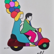 Marco Lodola, Coppia in Vespa con palloncini, screenprint su carta cm 21×30